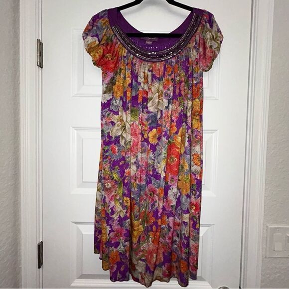 Argenti Floral Print Embellished Short Sleeve Baby Doll A-Line Dress - Picture 6 of 11